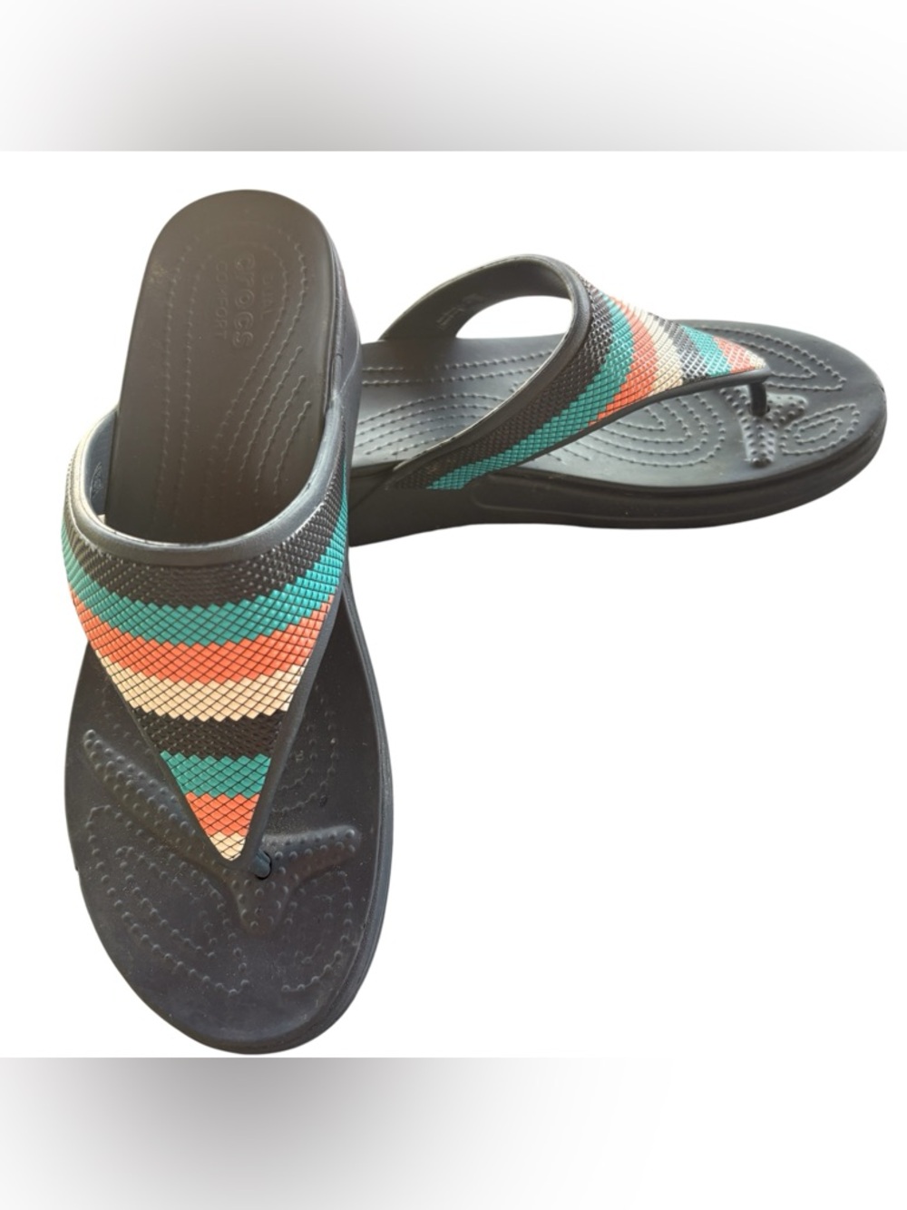 Crocs Monterey wedge thong Flip Flops with Navy, Teal, Coral & Cream Striped